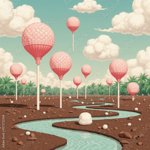 Fototapeta Generative AI Surreal Lollipop Landscape with River Trees Clouds Sky Fantasy Whimsical Art Artistic Pink Brown Blue Palm trees Strange Odd Unusual Imagination Dream Wonder - Modern Look