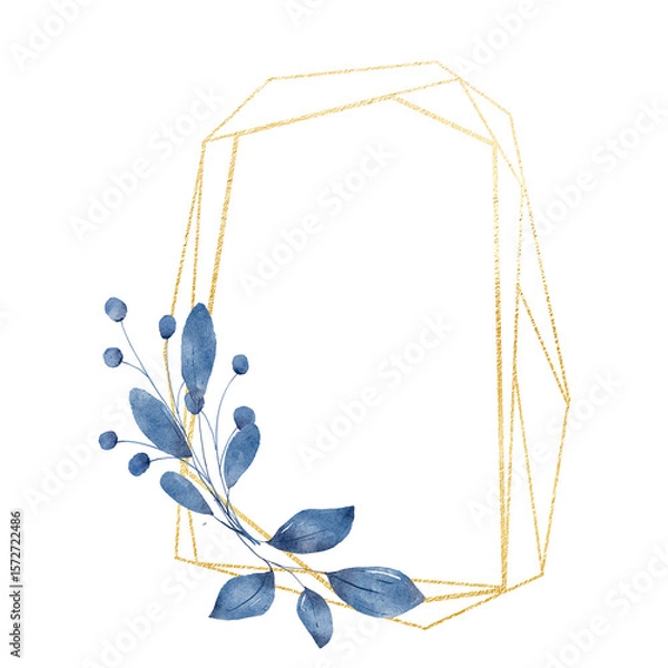 Fototapeta Leaves geometric gold frame. Watercolor hand drawing golden border with place for text, with blue leaf.	