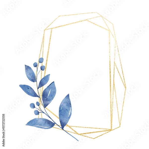 Fototapeta Leaves geometric gold frame. Watercolor hand drawing golden border with place for text, with blue leaf.	
