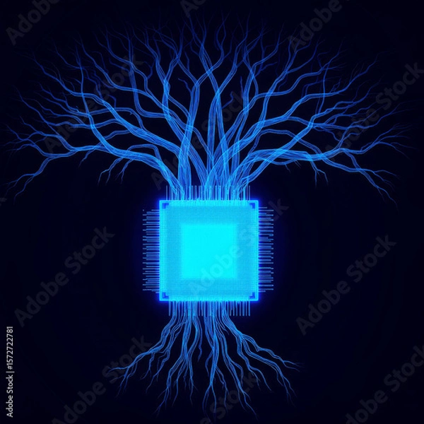 Fototapeta Generative AI AI Brain Tree Chip Technology Cpu Artificial intelligence Neural network Connections Glowing Blue Circuit Motherboard Digital Data Network - High Quality