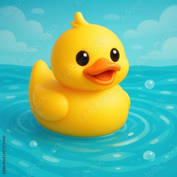 Fototapeta a yellow rubber duck floating on a stylized lake, with soft blue water, gentle waves, and playful highlights