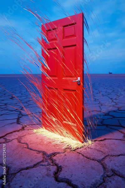 Fototapeta Generative AI Red Door in Cracked Earthscape Red door Cracked earth Desert landscape Surreal Doorway Entrance Blue sky Open Threshold Texture Dry Ground Vertical Daylight - High Quality