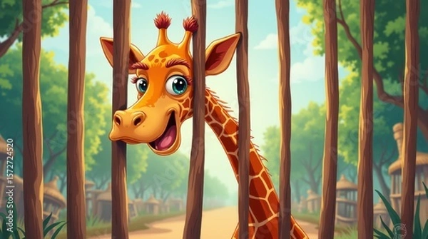 Fototapeta a giraffe inside a zoo cage, long neck and head peeking through the bars, playful and expressive style, bright colors, and a lively background suggesting a zoo environment