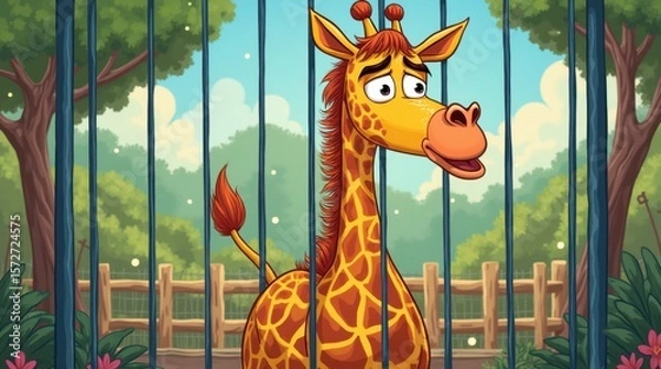 Fototapeta a giraffe inside a zoo cage, long neck and head peeking through the bars, playful and expressive style, bright colors, and a lively background suggesting a zoo environment