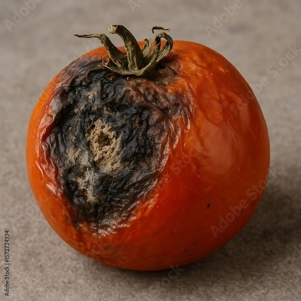 Fototapeta A decaying, red tomato with significant dark rot and damage.