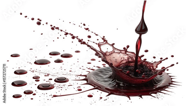 Fototapeta Dynamic red liquid splash with droplets and stream isolated on transparent background