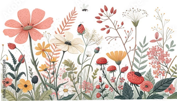 Fototapeta Whimsical watercolor wildflower meadow with strawberries and a bee isolated on transparent background
