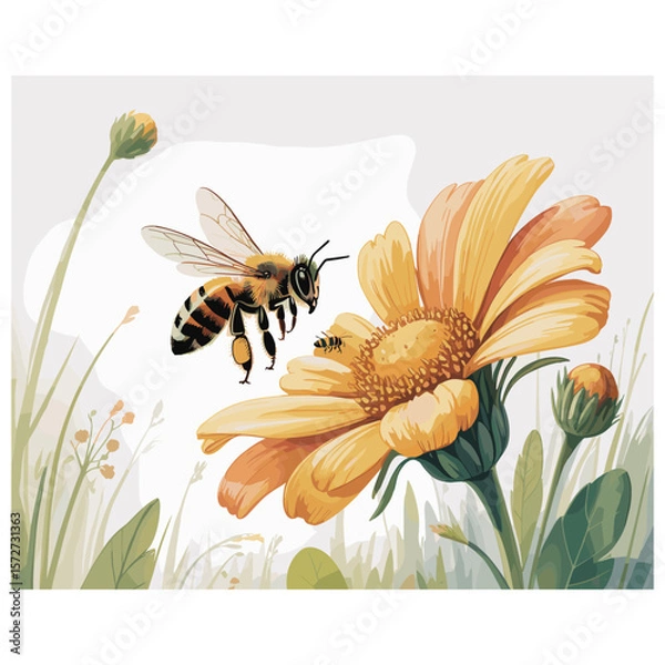 Fototapeta A bee collects nectar from a vibrant yellow flower in a meadow