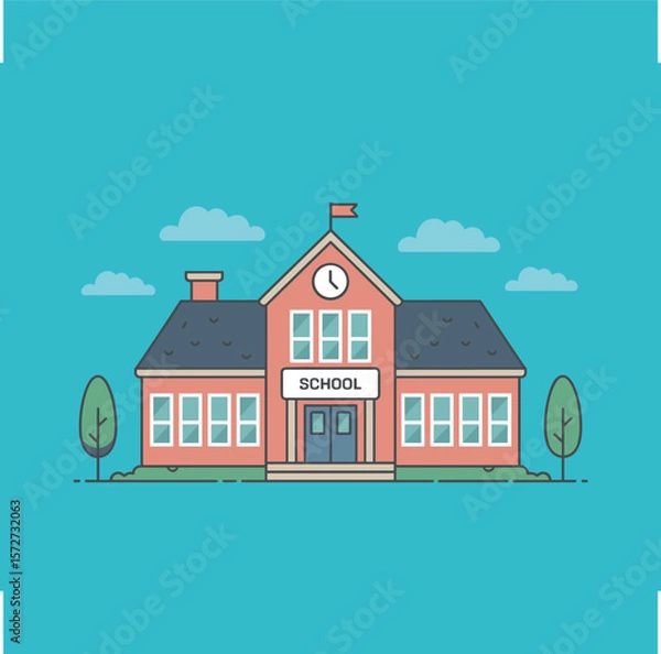 Fototapeta Cartoon school building with clock and trees under blue sky