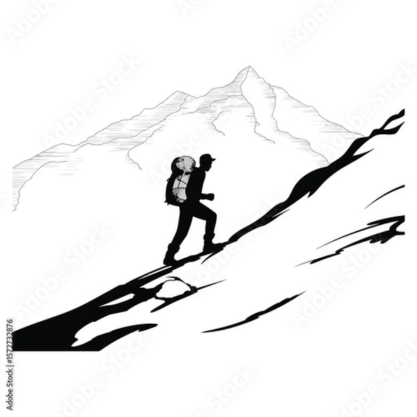 Fototapeta Silhouette of a hiker with a globe backpack climbing a steep mountain slope