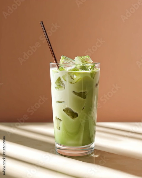Fototapeta glass of iced matcha latte with straw, minimal clean aesthetic