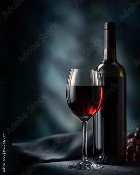 Fototapeta glass of red wine with bottle, dramatic low-key lighting