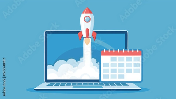 Fototapeta Laptop with a rocket launching from the screen and a calendar next to it on a blue background