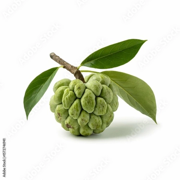 Fototapeta  high-quality product photography shot of a single green cherimoya fruit against a pure white background 