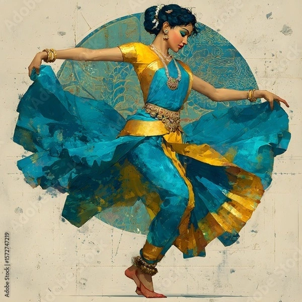 Fototapeta Bharatanatyam Dancer in Flowing Blue Costume Displaying Traditional Hand Gestures
