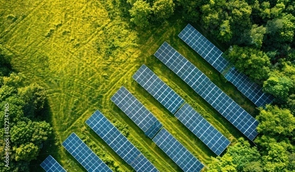 Obraz Aerial Perspective: Solar Panels Seamlessly Integrated into Lush Green Landscape