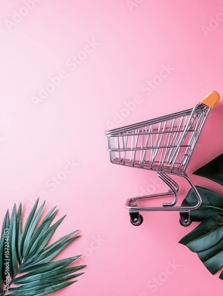Fototapeta Empty shopping cart and tropical leaves on pink background