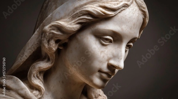 Fototapeta A stone statue of a woman. A sculpture made of marble. A delicate and elegant piece. AI generated.