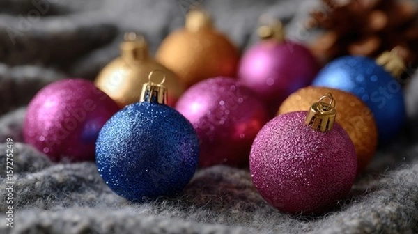 Obraz Colorful Christmas ornaments scattered on a cozy blanket, perfect for festive holiday decor and backgrounds.