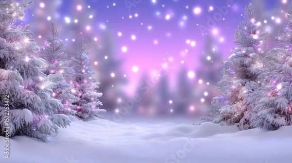 Fototapeta Snow-covered trees adorned with glowing pink lights in a serene winter forest at dusk.