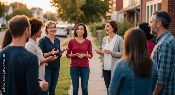 Fototapeta Diverse Neighbors Building Community at National Night Out Event on Suburban Block