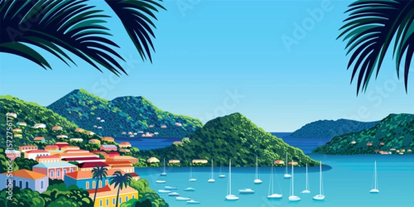 Obraz Tropical Island cityscape with caribbean small town, palms, green trees, yachts and blue sea in the background. Handmade drawing vector illustration.
