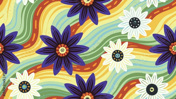 Fototapeta Floral pattern with purple and white daisies on wavy colorful background design art work style image