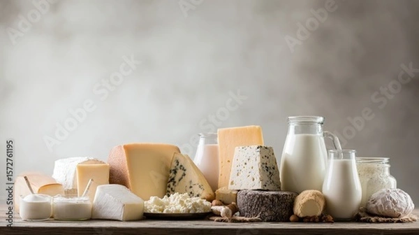 Fototapeta Fresh dairy products neatly arranged on a rustic wooden table in natural light