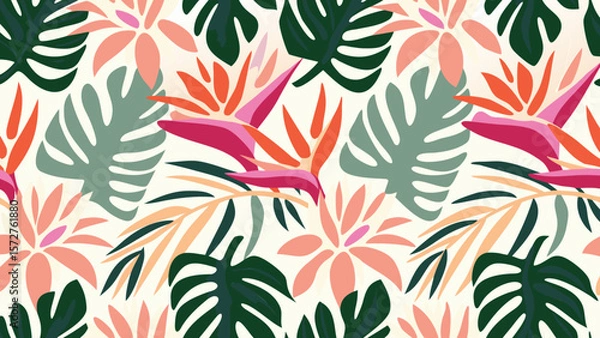 Fototapeta Seamless pattern featuring tropical leaves and bird of paradise flowers on a light background tone