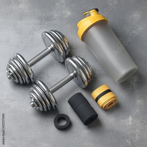 Fototapeta A set of fitness equipment, including dumbbells, and a shaker bottle, on a textured gray surface.