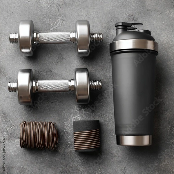 Fototapeta Fitness equipment arranged on a gray surface, perfect for a workout theme.