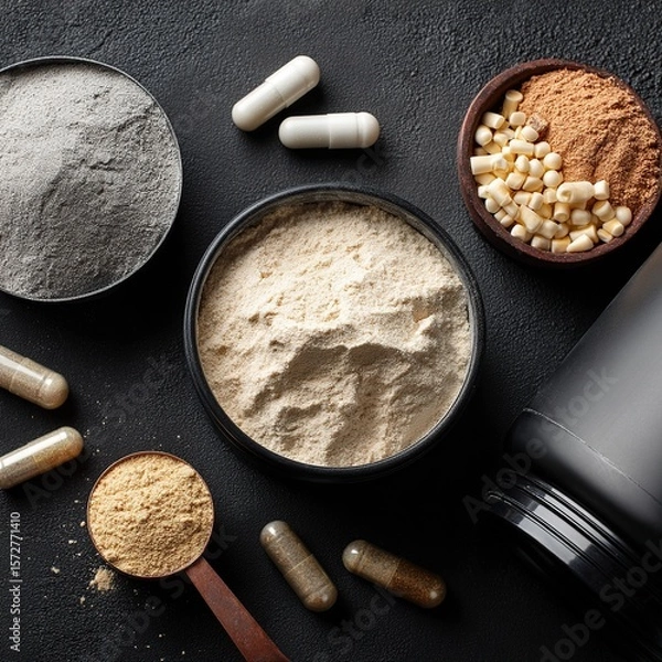 Fototapeta A top-down view showcases an assortment of health supplements, including powders and capsules, on a dark backdrop.