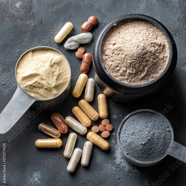 Fototapeta Assortment of nutritional supplements, protein powder, and pills on a dark surface.