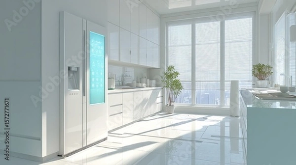 Fototapeta A modern and bright kitchen with a smart refrigerator and city views.