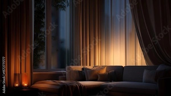 Fototapeta A tranquil living room scene with warm, inviting light at dusk.