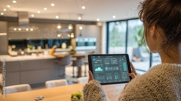 Fototapeta A woman controls her smart home features using a tablet in a modern kitchen setting.