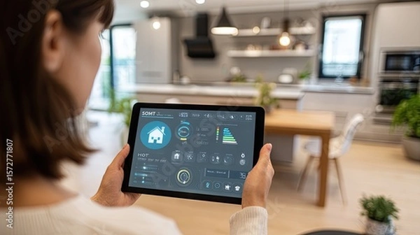 Fototapeta Woman uses a tablet to manage smart home features in her modern kitchen