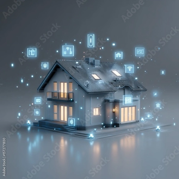 Fototapeta Smart home concept with glowing icons, illustrating connectivity and technology.