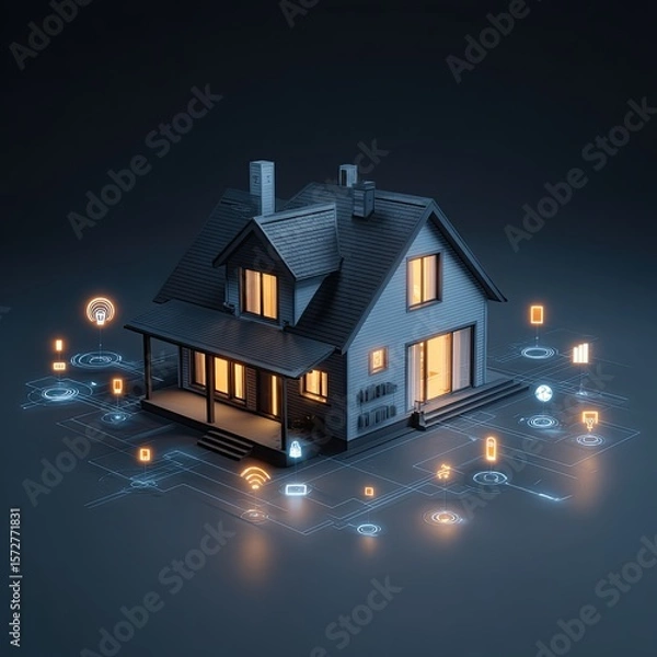 Fototapeta A conceptual rendering of a smart home with integrated technology and digital interfaces.