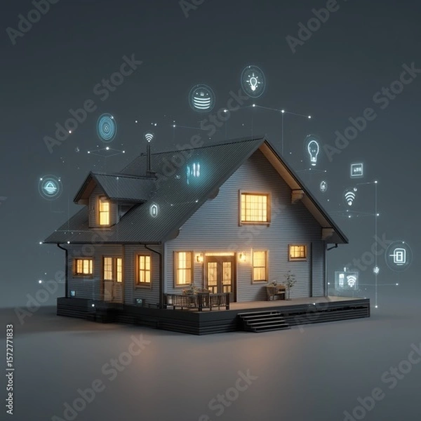 Fototapeta Smart home concept: a modern house with digital automation icons.