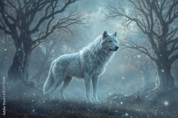 Obraz A majestic white wolf standing in a misty forest with bare trees and glowing lights all around it
