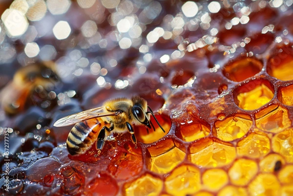 Fototapeta AI Image. Close-up of the bee on honeycomb