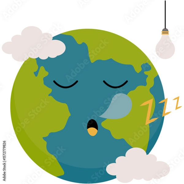 Fototapeta Earth Hour Illustration. Save the planet concept for Earth Hour and World Earth Day. Vector illustration of a clock on planet Earth at night with green light bulb and plant. Environmental conservation