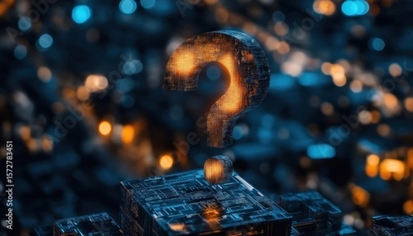 Fototapeta Digital Question Mark with Circuit Board Texture in Cyber Cityscape - AI Technology