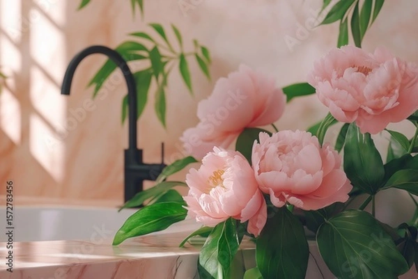 Fototapeta Lush Pink Peonies in Elegant Bathroom with Modern Black Faucet and Marble Counter