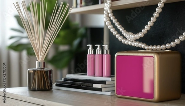 Fototapeta Modern Home Interior Decor with Diffuser, Pink Bottles, Pearls on Shelf - Beauty, Wellness