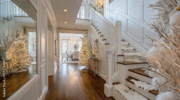 Fototapeta A decorated staircase and hallway with Christmas tree and festive red, green, and gold ornaments.