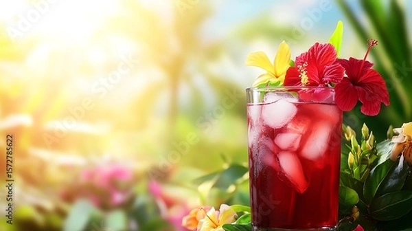 Fototapeta A cold glass of hibiscus and ginger iced tea, with fresh ginger slices, in a floral setting with space for text
