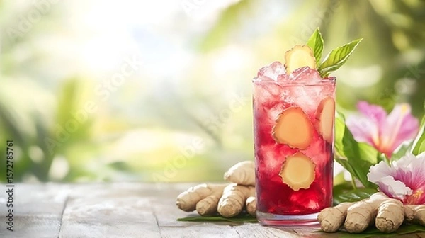 Fototapeta A cold glass of hibiscus and ginger iced tea, with fresh ginger slices, in a floral setting with space for text