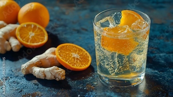 Fototapeta A cold glass of orange and ginger spritz, with orange slices and ginger root, with space for text